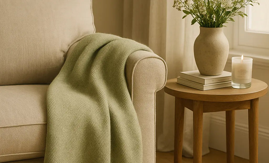 Green wool blanket draped over sofa arm in beautifully soft lit living room
