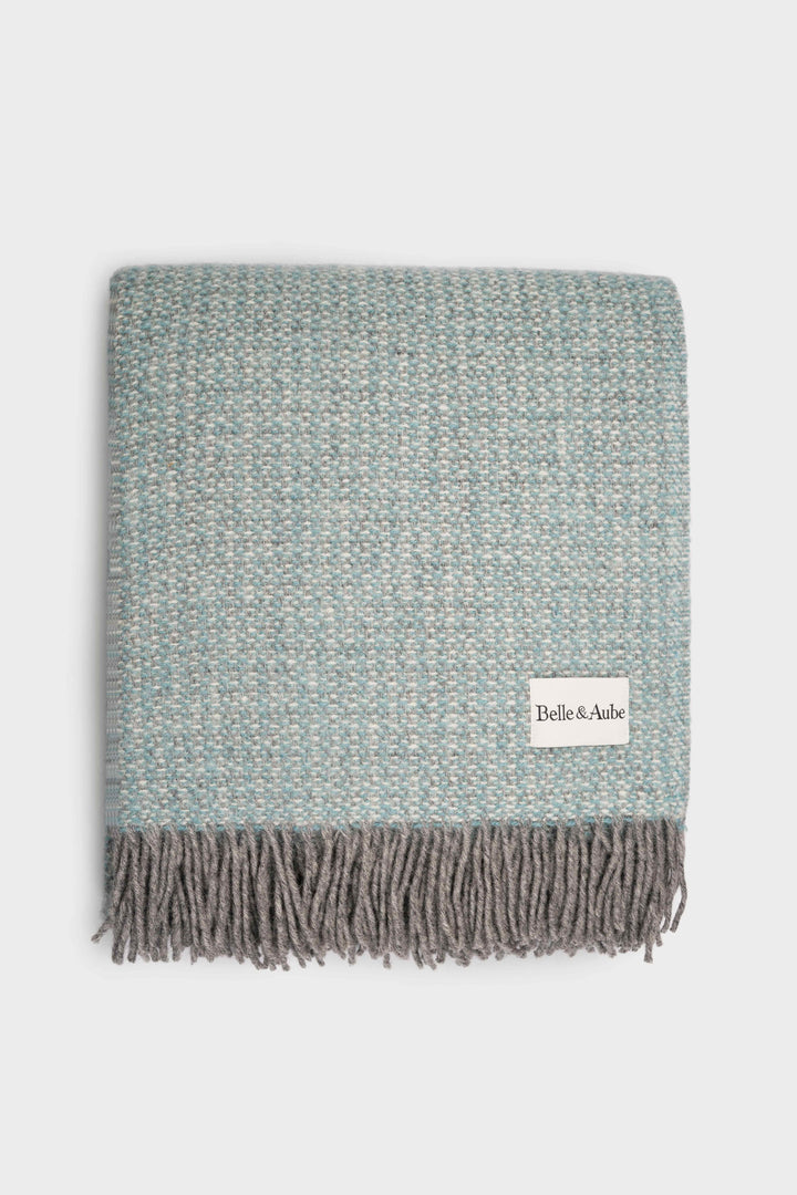 Belle & Aube Bamford Wool blanket neatly folded in Seafoam, photographed flat lay to highlight premium texture