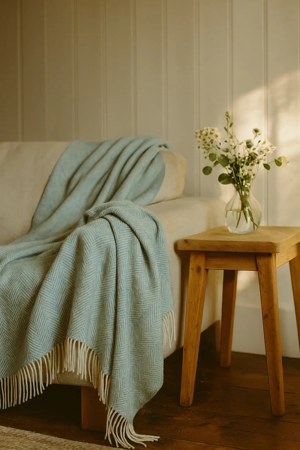 Light blue blanket draped over a sofa with a wooden side table and vase of flowers in a room.
